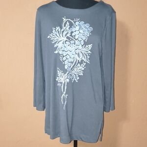 Bob Mackie Women's Gray Tunic with Silver And Blue Embroidered Grapes Size L